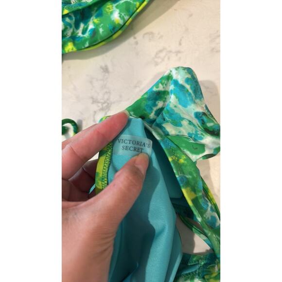 Victoria’s Secret Bandeau Strapless Top M & Hip Tie Bottoms Bikini Green/Yellow - Picture 4 of 5